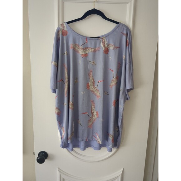 Ellos Women's 1X Plus Size Satin-Front Tee Cranes In Flight Artsy Soft Dressy T - Picture 3 of 9